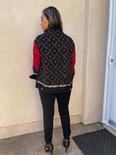 Red and Black Sari Oversized Denim Jacket - Small - Ready to Ship